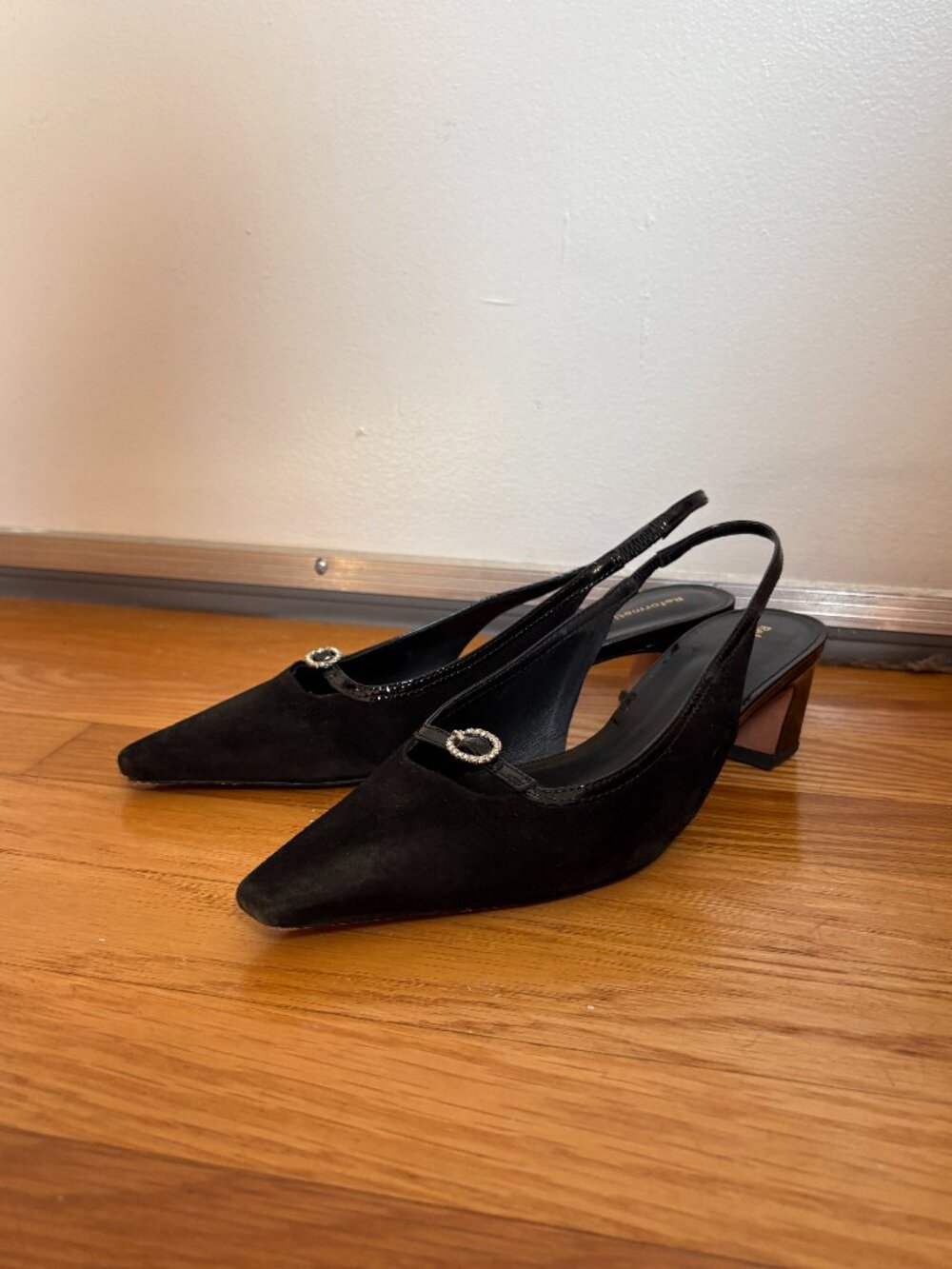 Reformation Black Slingback Heels with Rhinestone Buckle